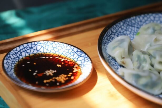 round blue saucer filled with soy sauce