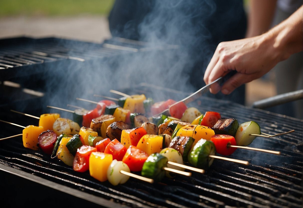 Grilled kabobs sizzling on a hot grill, smoke rising. A hand reaches in with tongs to turn them. Another hand plates the kabobs with colorful vegetables