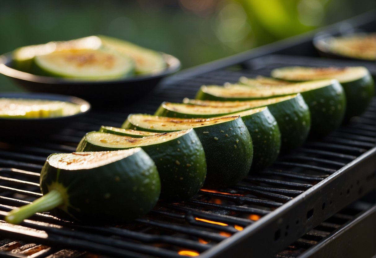 Grilling zucchini on a sizzling hot grill, then placing the perfectly charred slices on a serving platter