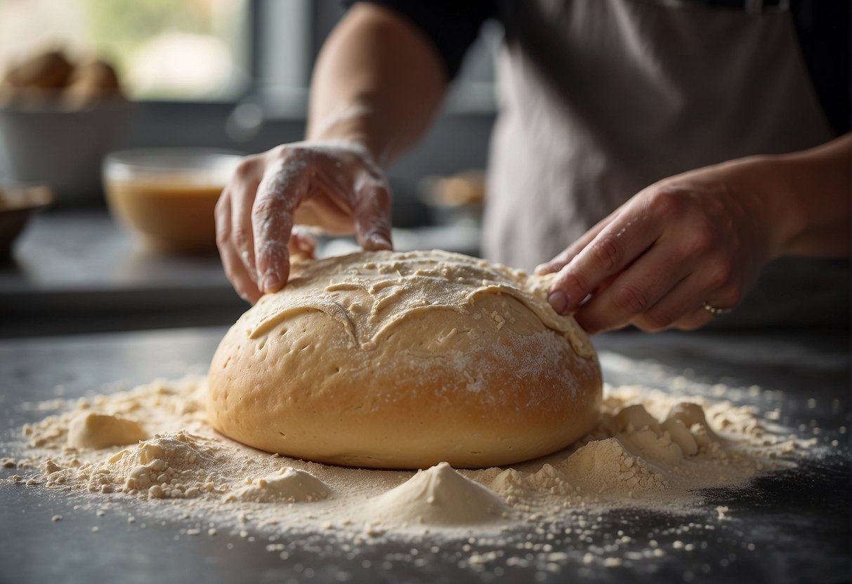 Dough being kneaded on floured surface, ingredients scattered around