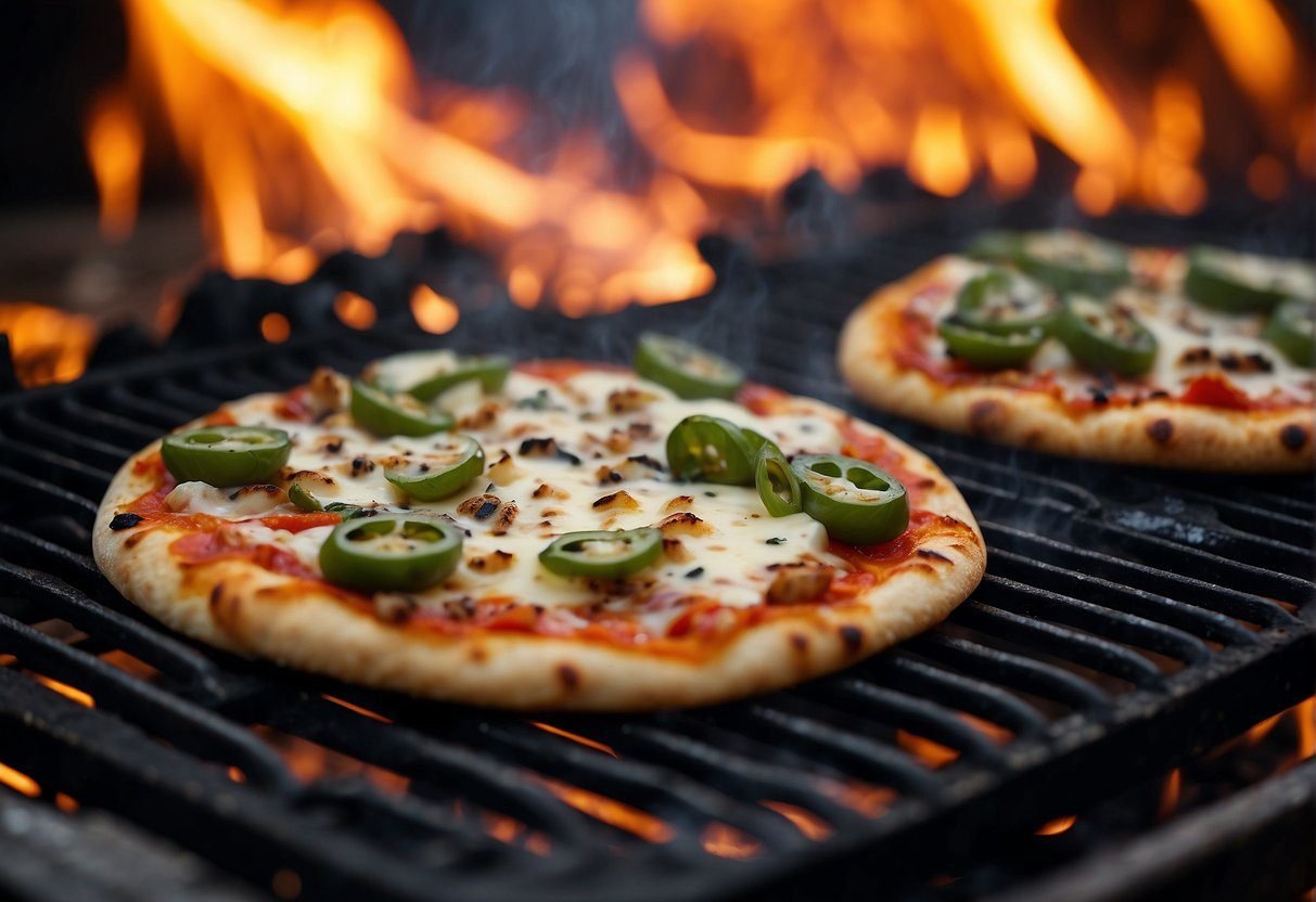 Grilled pizza sizzling on a hot grill, with charred marks and bubbling cheese, surrounded by colorful toppings and a smoky aroma