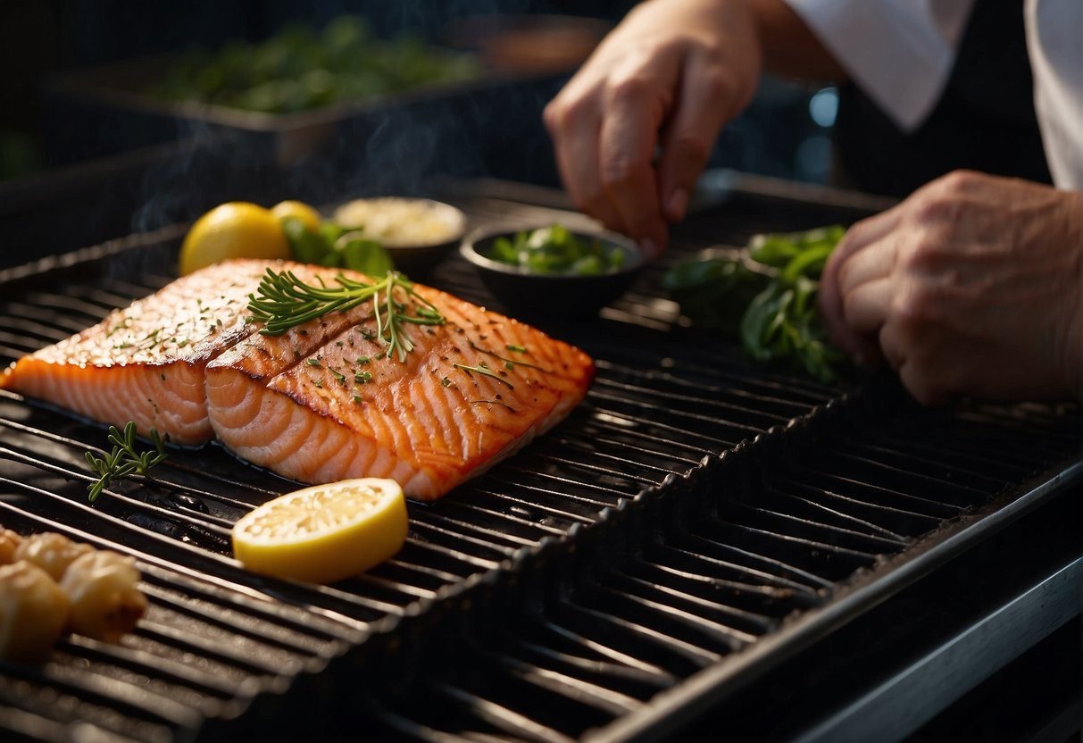 A chef seasons a salmon fillet and places it on a hot grill. The fish sizzles as it cooks, emitting a mouthwatering aroma