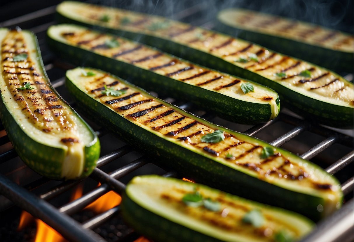 Grilled zucchini sizzling on a hot grill, with charred grill marks and a sprinkle of herbs on top