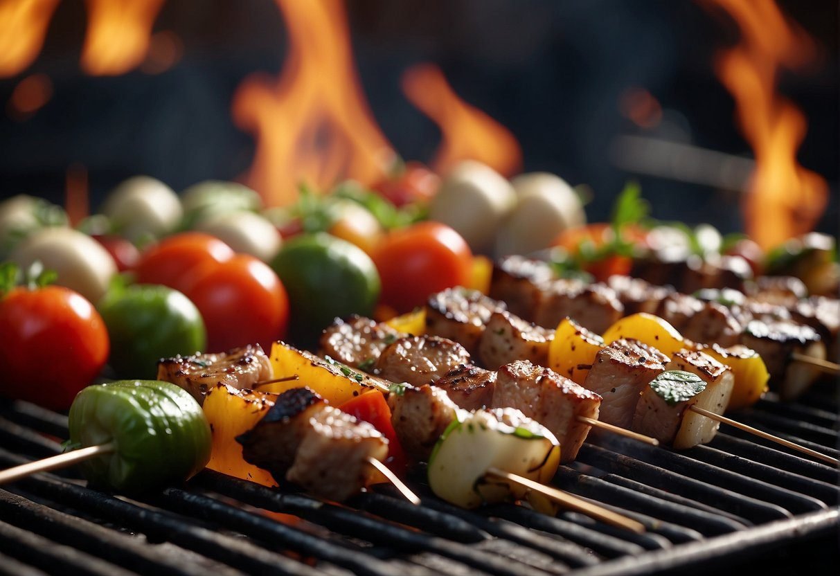 Fresh vegetables and meat skewered on metal rods over a hot grill. Flames licking the kabobs as they sizzle and cook to perfection
