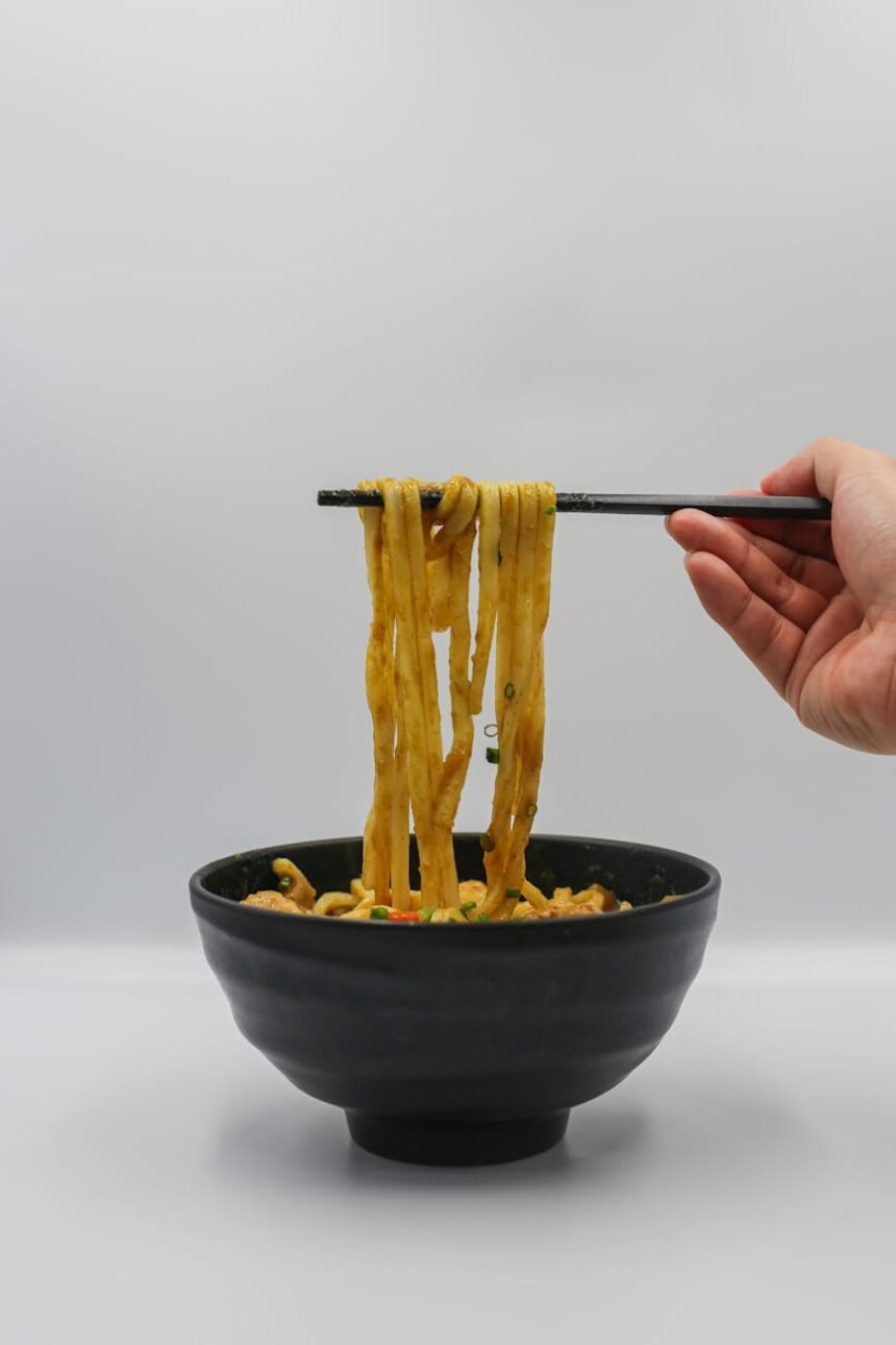 noodles in bowl on table
